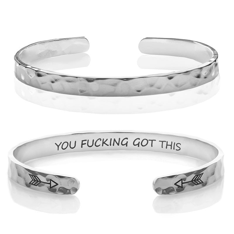 Minimalist Stainless Steel Engraved Open Moon Surface Textured Hammered Bracelet