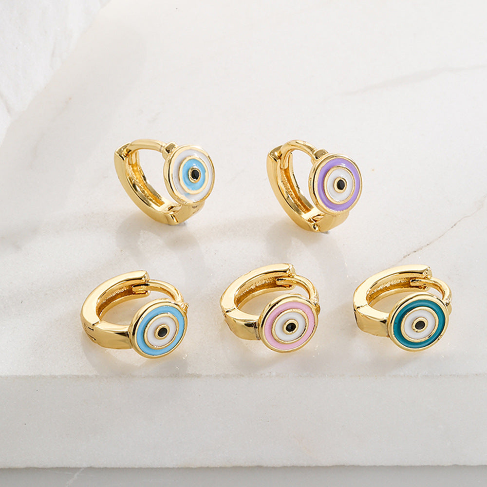 Orecchini a Cerchio Minimalisti Geometrici in Rame con Placcatura in Oro 18K e Dettaglio Occhio Smaltato da Donna