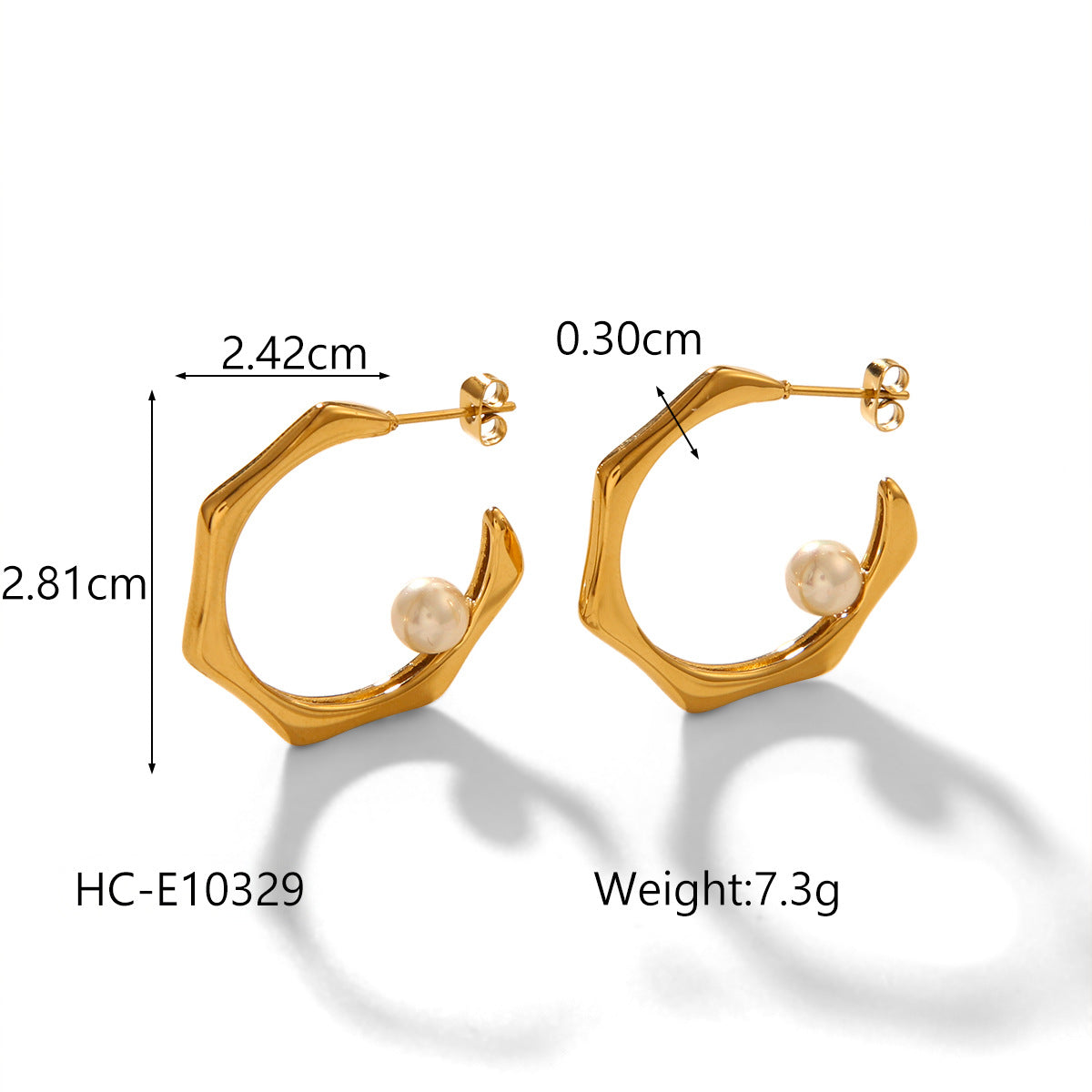 Minimalist C-Shaped Titanium Steel Earrings with 18K Gold Plating and Natural Pearl Accents for Women