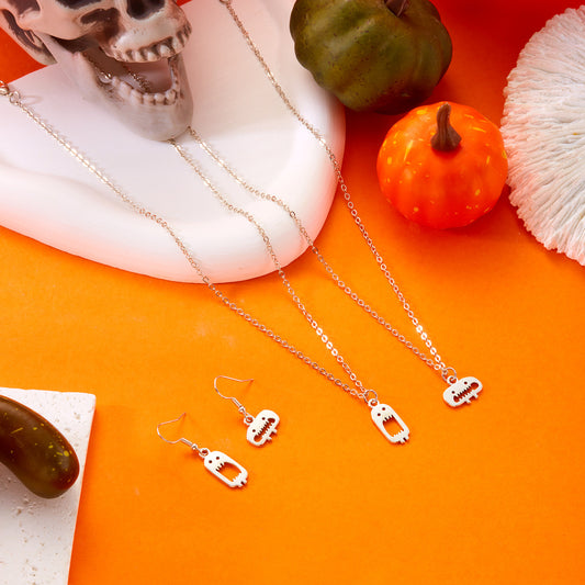 Collana con Ciondolo Mostro Cartone Animato a Tema Halloween da Donna, in Lega Placcata con Ganci per Orecchini in Acciaio Inossidabile