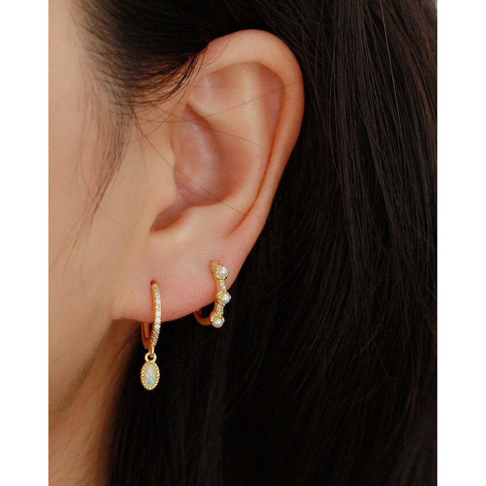 Pendientes de aro geométricos minimalistas de plata de ley S925 con circonitas cúbicas e incrustaciones de ópalo para mujer
