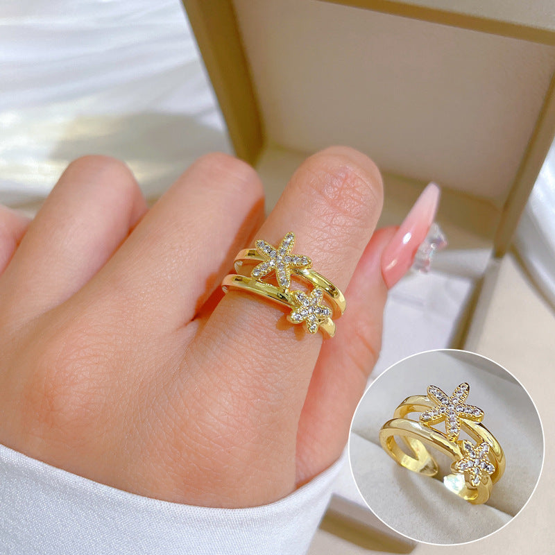 Minimalist Sweet Gold Plated Starfish Crown Micro-set Cubic Zirconia Brass Ring for Women