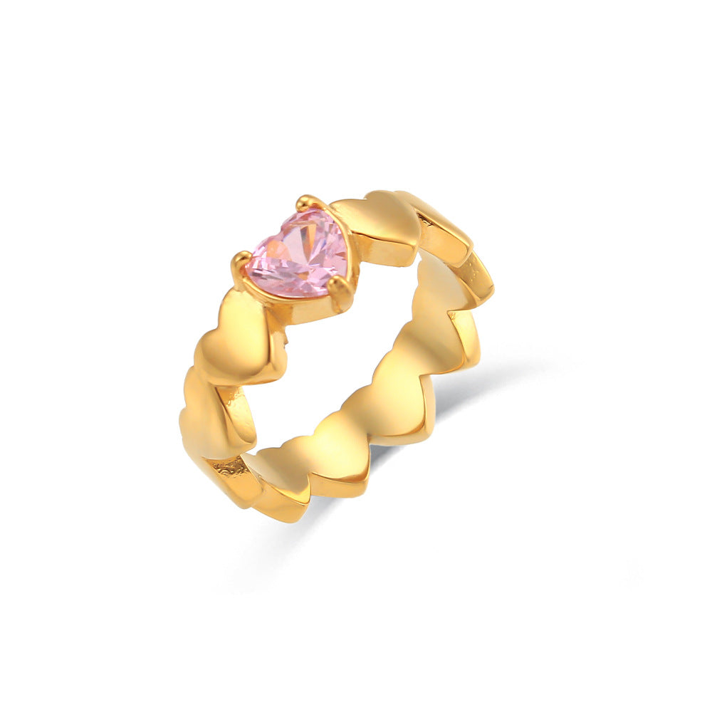 Minimalist Geometric Heart-Shaped Zirconia Ring in Stainless Steel with 18K Gold Plating for Women