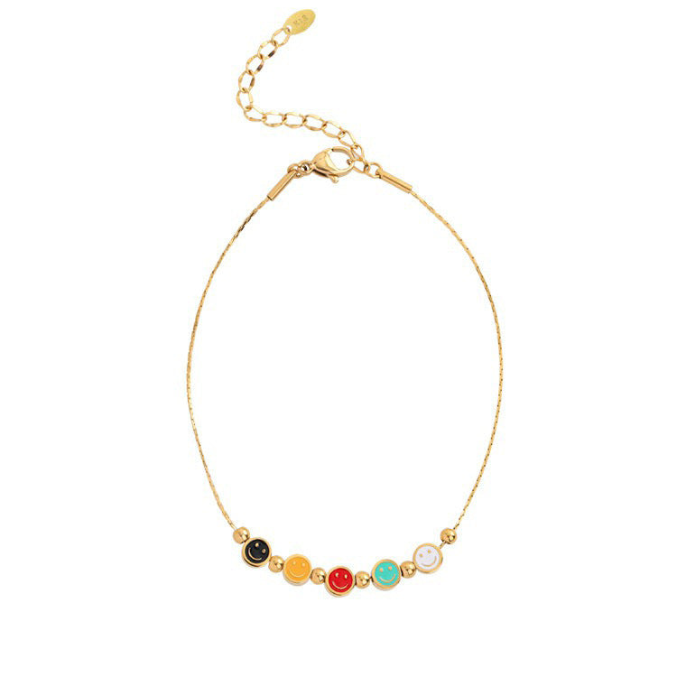 Colorful Smiley Face Titanium Steel Anklet for Women with 18K Gold Beads, Snake Chain Design, Hypoallergenic Plated Finish