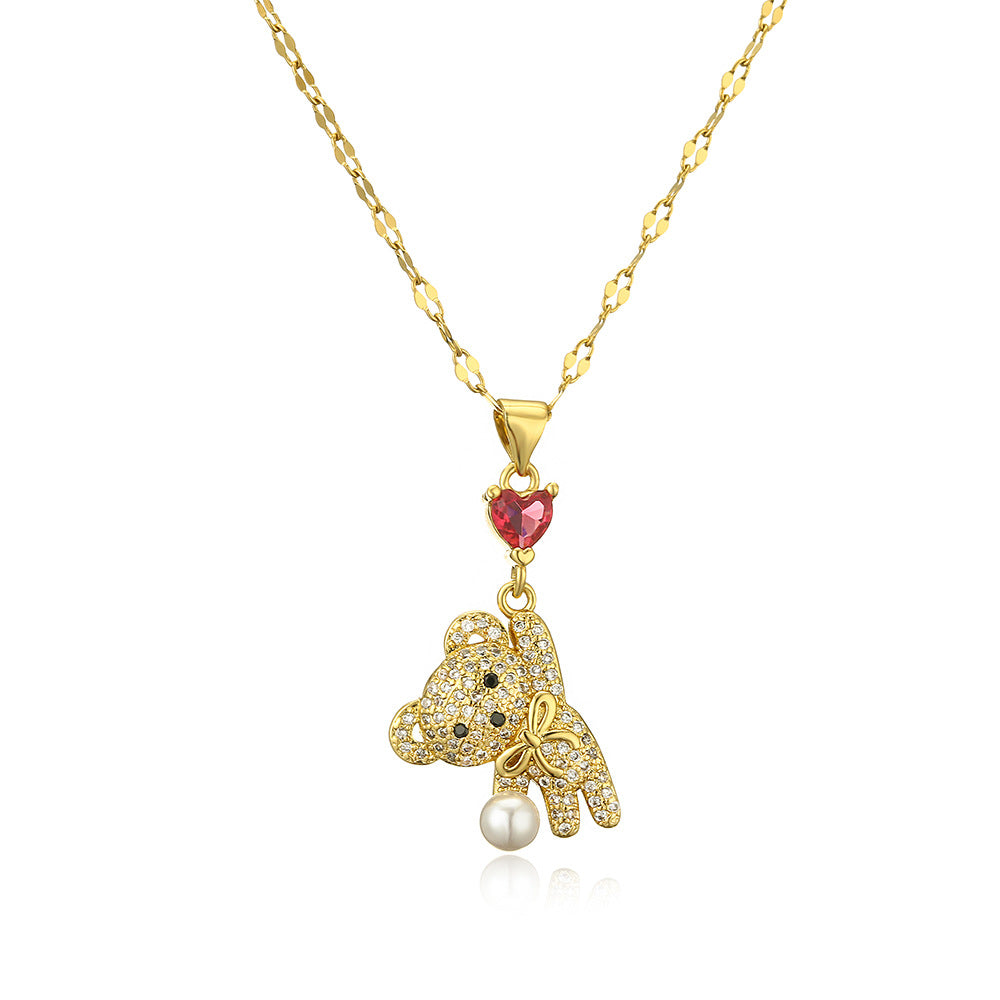 Collana con Ciondolo a Forma di Orsetto in Rame, Placcata Oro Vero e Intarsiata con Zirconi, Stile Minimalista, per Donna, Catena Clavicola
