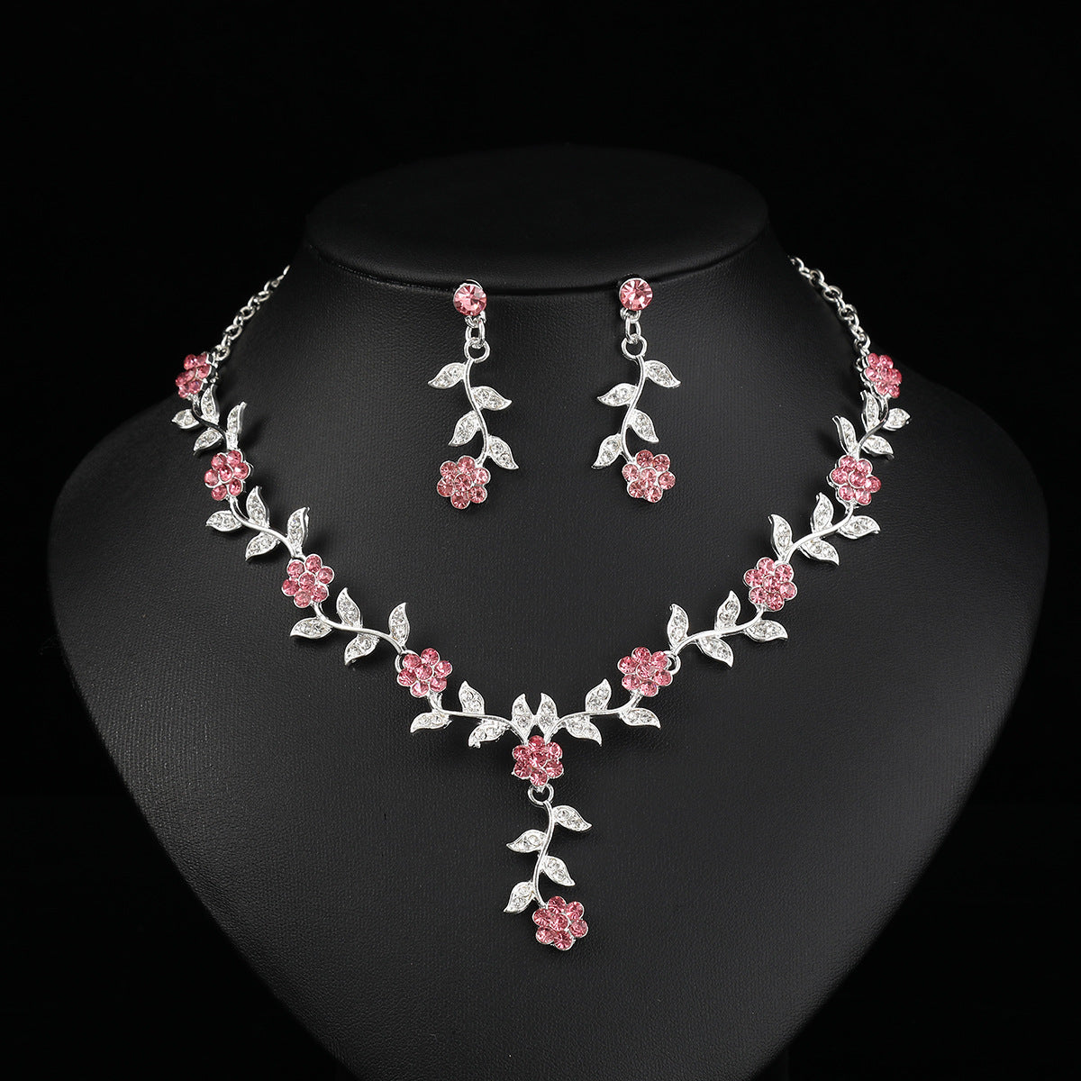 Vintage Retro Flower Shape Alloy Necklace and Earring Set with Colorful Rhinestone Inlay