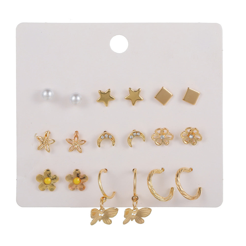 Minimalist Elegant Geometric Star Moon Heart Butterfly Rhinestone Inlay Alloy Handmade Earrings for Women