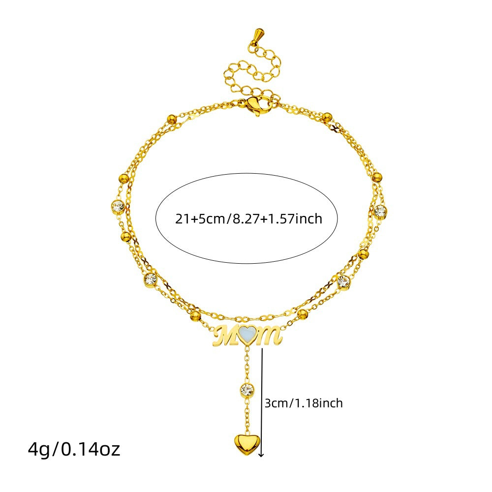 Elegant Gold Plated Stainless Steel Heart Letter Mom Rhinestone Tassel Anklet for Women