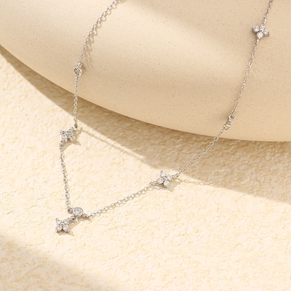 Sweet Streetwear 925 Sterling Silver Floral Rhinestone Inlay Necklace with Curb Chain for Women