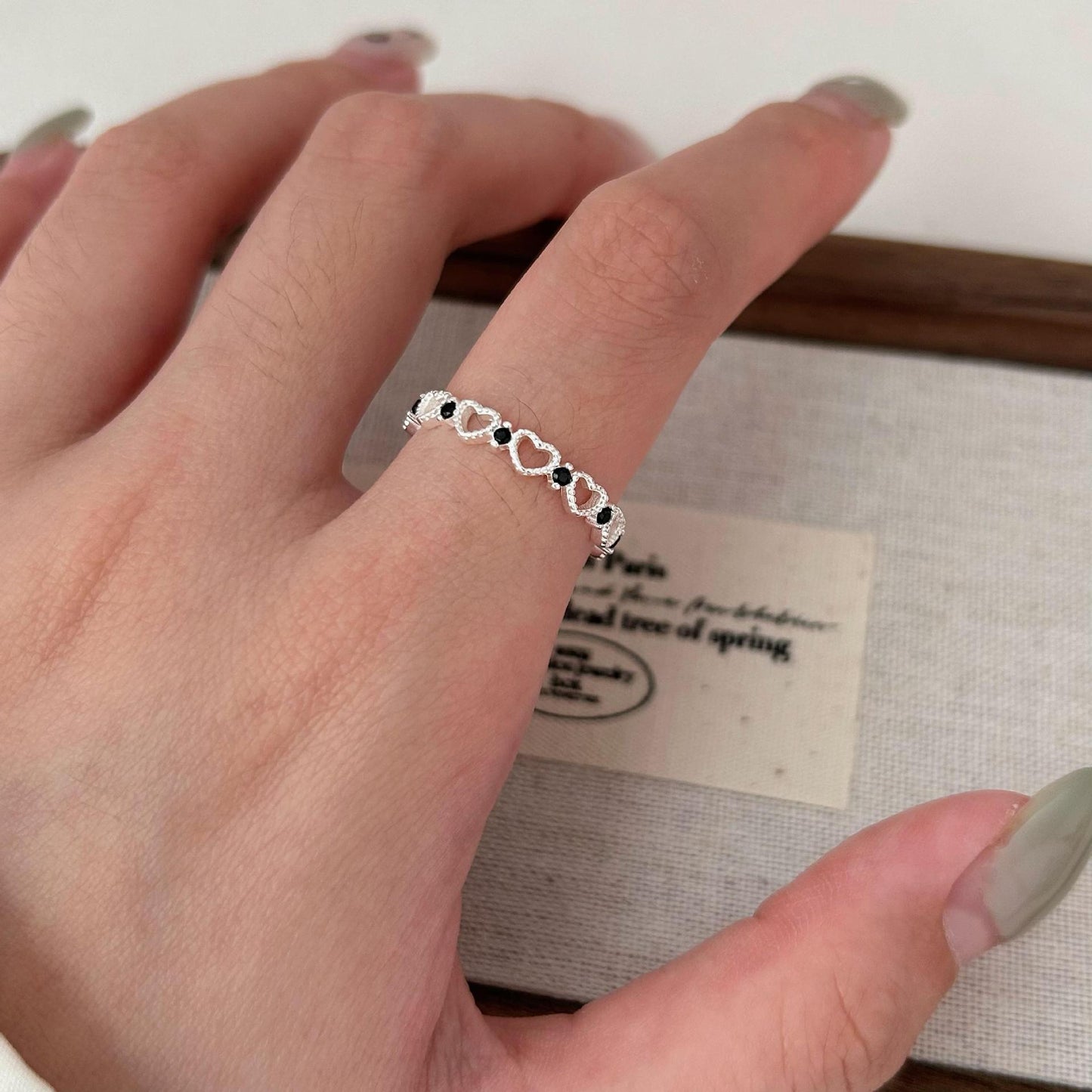 Minimalist 925 Sterling Silver Star Heart Ring Vintage Finish Open Adjustable Women's Jewelry
