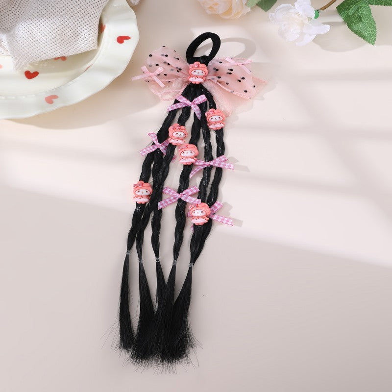 Cartoon Character Bow Hair Tie for Kids with Braided Design and Knitted Fabric Construction in Pastel Macaron Style