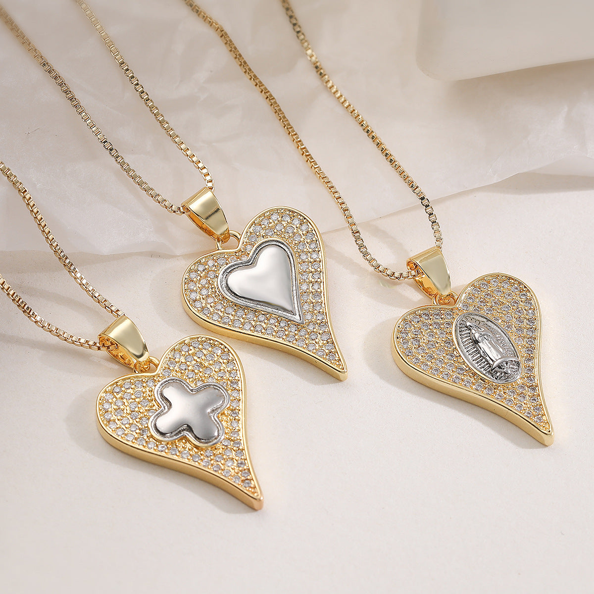 Minimalist 18K Gold Plated Brass Cross and Heart Pendant Necklace with Cubic Zirconia for Women
