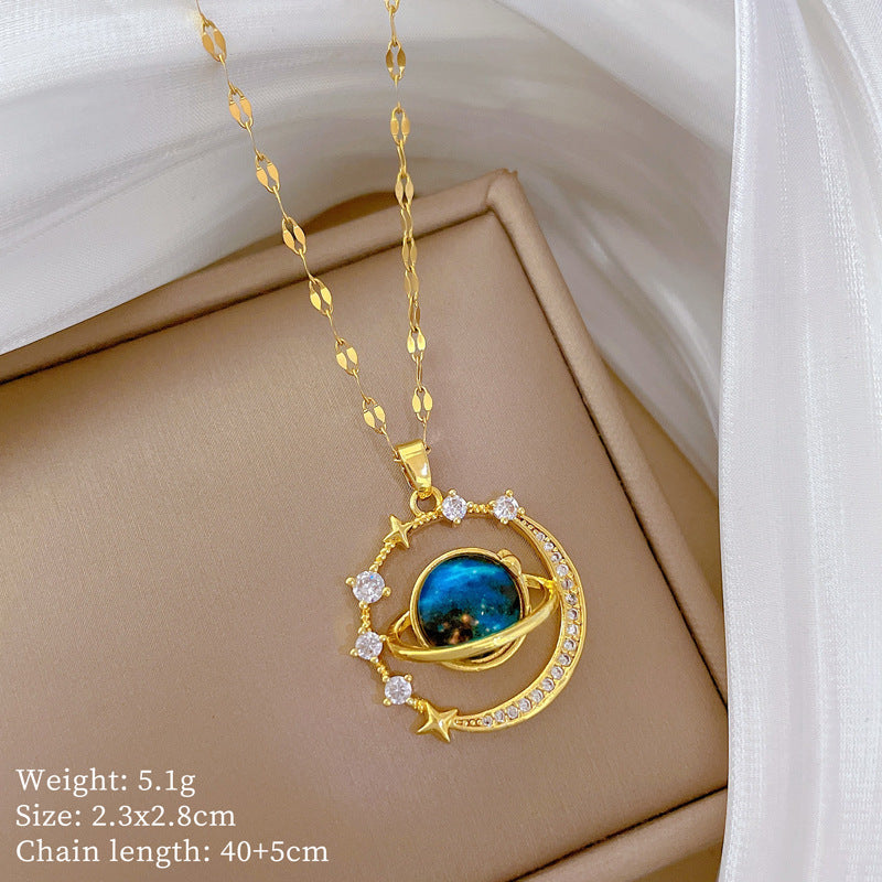Collana Pendente Geometrica Luna e Stella Stile Cartone Animato per Donne, Catena Sottile in Acciaio Inossidabile con Strass Completi