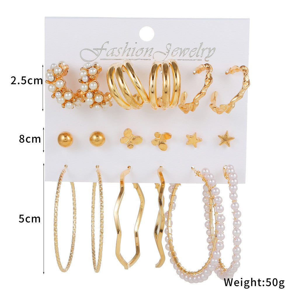 Plated Stainless Steel Butterfly Geometric Round Crystal Pearl Earrings Set for Unisex