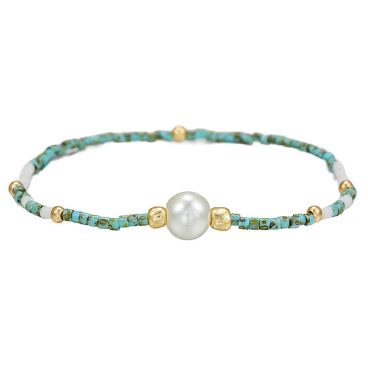 Bohemian Sweet Camouflage Geometric Round Glass Pearl Brass Beaded Bracelet for Women