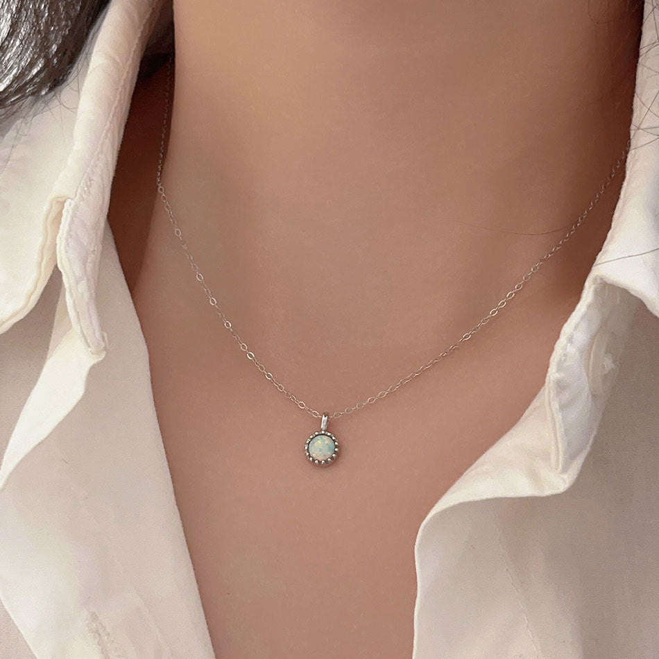 Minimalist 925 Sterling Silver Star Round Opal Inlay Necklace Box Chain Women