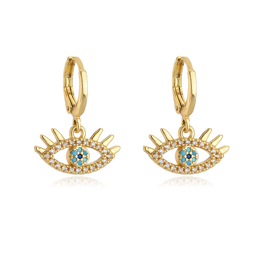 Vintage Geometric Copper Earrings with 18K Gold Plating and Zircon Evil Eye Design for Women