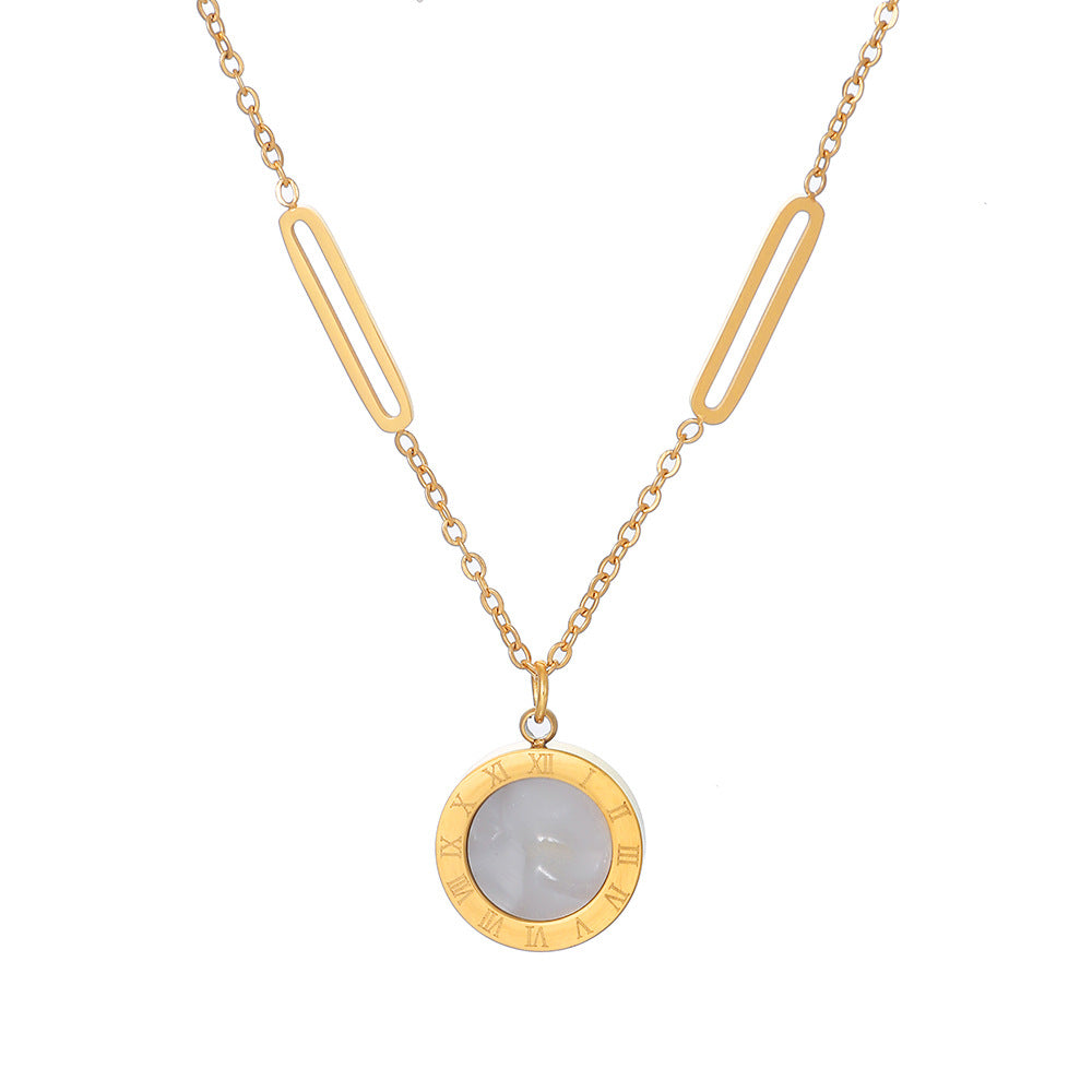 Minimalist Geometric Titanium Steel Black and White Abalone Double-Sided Roman Necklace for Women with Plated Finish Snake Chain