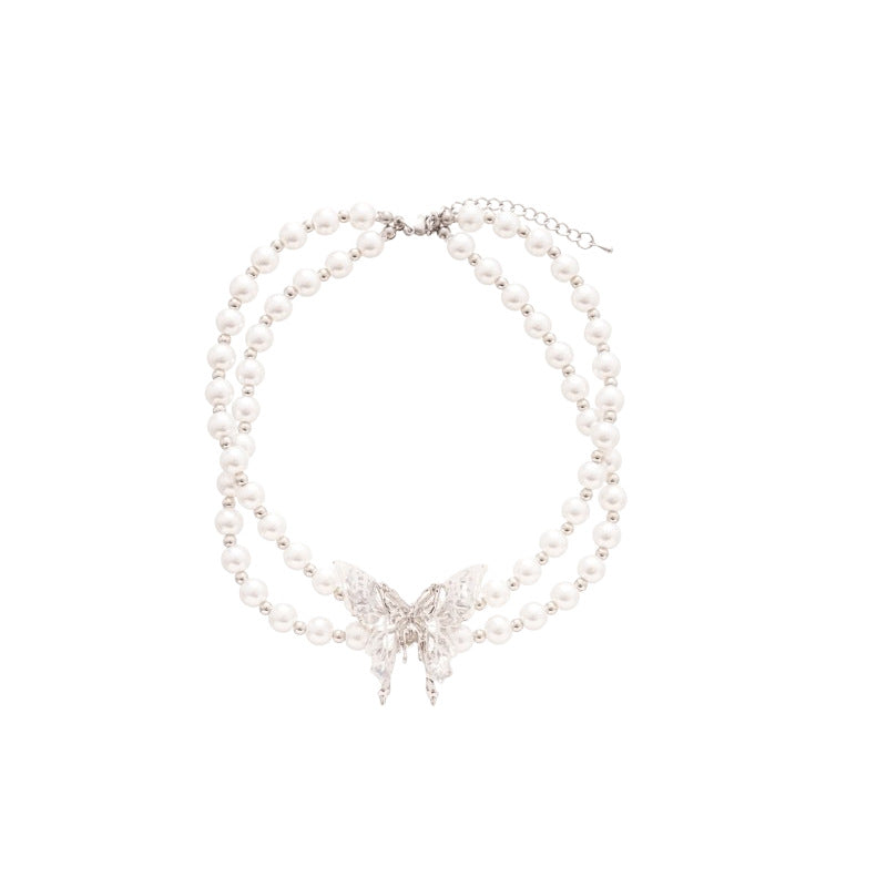 Elegante collar de mariposa de doble capa estilo francés con imitación de perla y colgante de cristal para mujer, cadena de clavícula