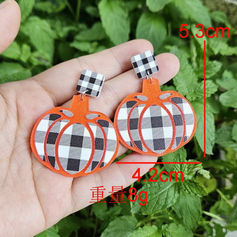Pendientes acrílicos de calabaza con estampado de leopardo a cuadros blancos y negros para mujer para Halloween, Pascua, otoño