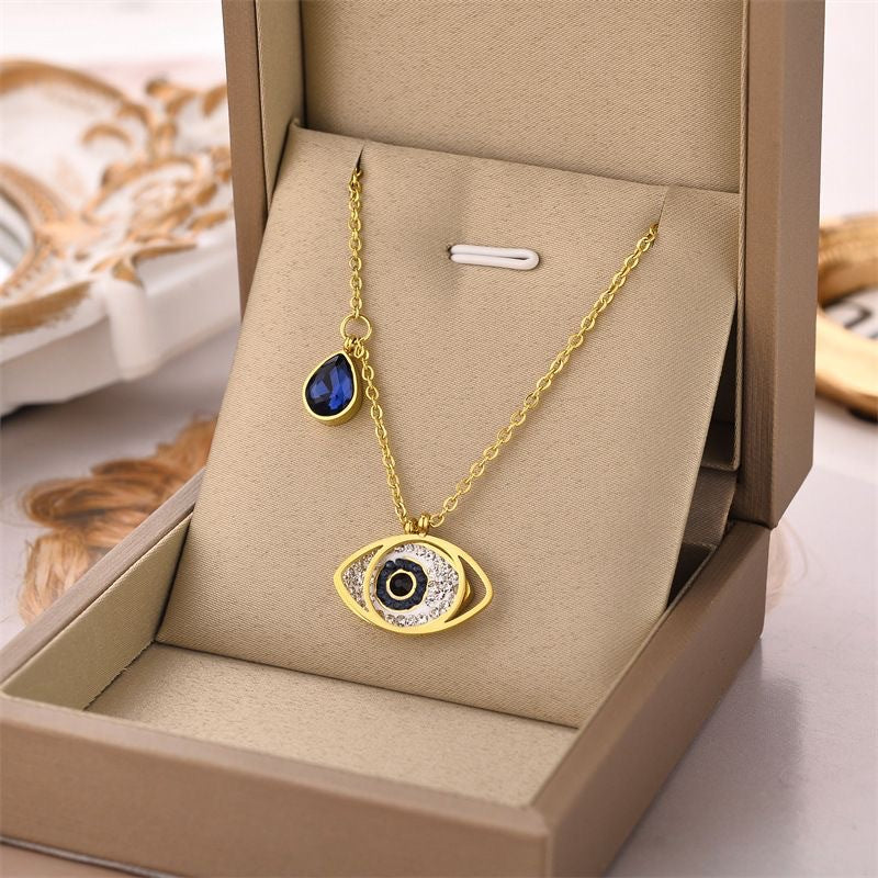 Gold Plated Crystal Evil Eye Titanium Steel Necklace for Women