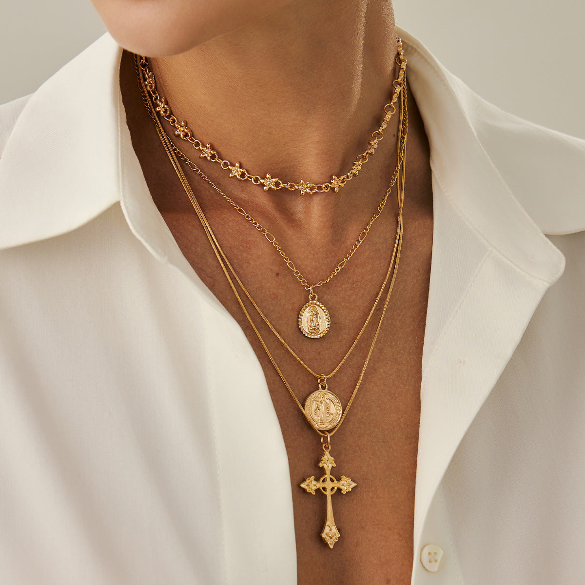Minimalist Cool Vintage Cross Pendant with Tassels on Snake Chain Choker for Women in Metal with Plating Finish
