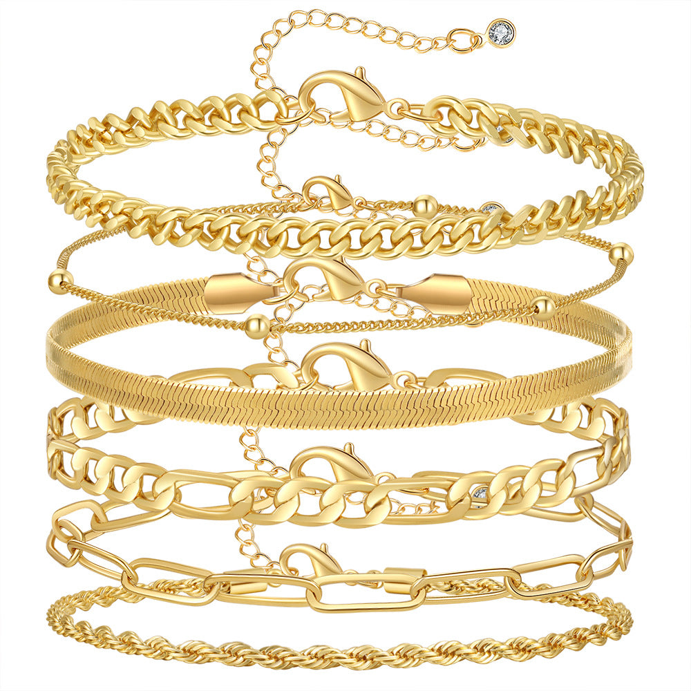 Geometric Round Gold Plated Brass Cuban Link Paperclip Snake Chain Bracelet Set Unisex