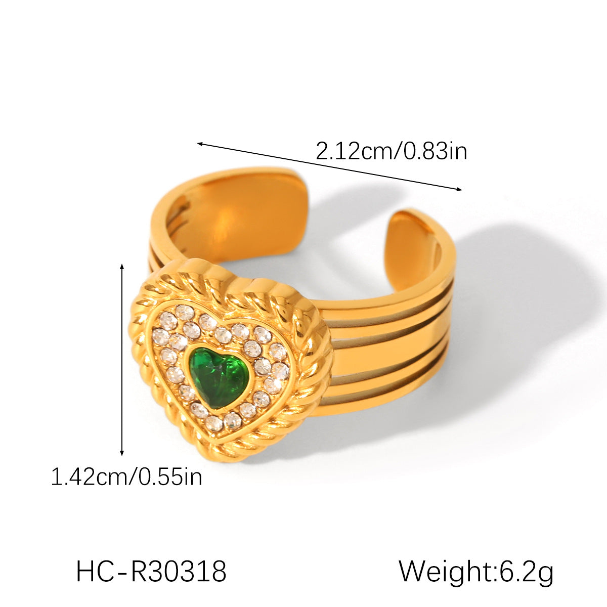 Anello Aperto a Cuore Esagramma Minimalista in Acciaio Inossidabile con Intarsio di Zirconi da Donna