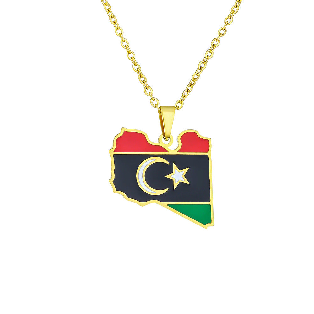 Collana con Pendente Vintage Mappa Etnica Libica in Acciaio al Titanio con Finitura Placcata su Catena a O Unisex