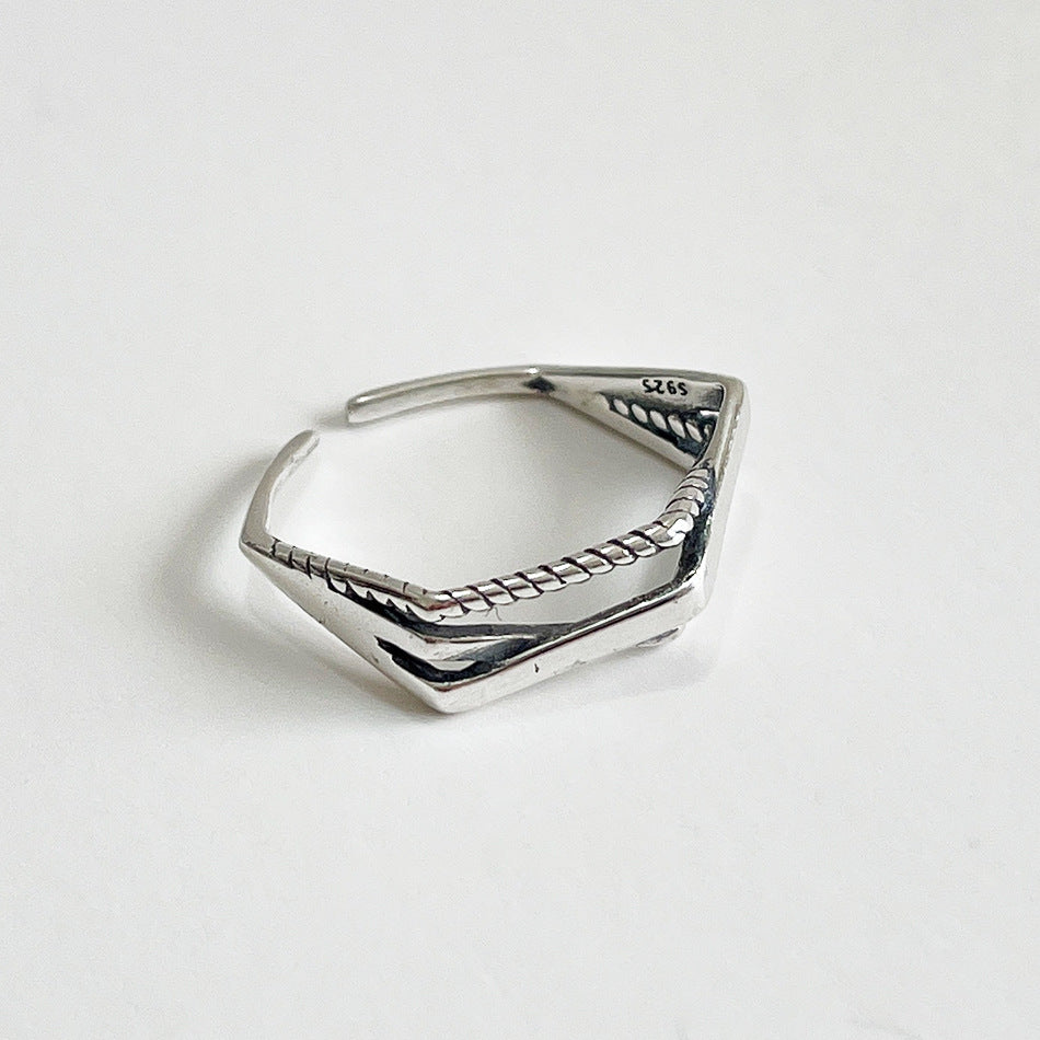 Anillo Corazón Geométrico Trenzado de Plata de Ley 925 Minimalista Vintage para Mujer