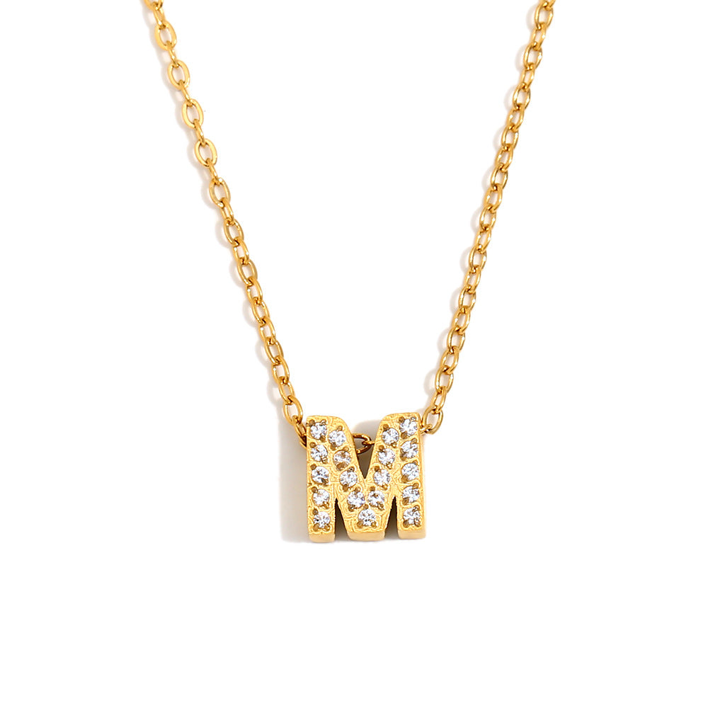 Minimalist Fashion Letter Pendant Necklace for Women Stainless Steel with 18K Gold Plating and Rhinestone Inlay