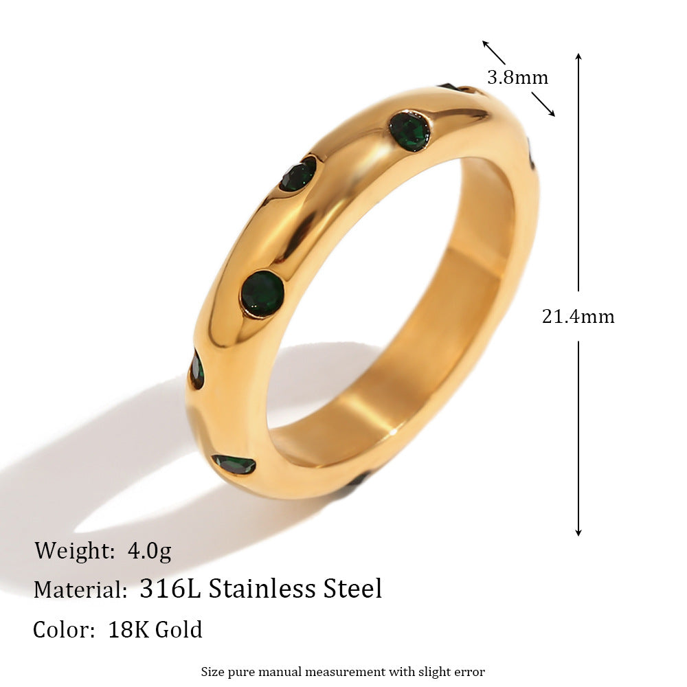 Minimalist Geometric Stainless Steel Ring with 18K Gold Plating and Micro-Pavé Round Rhinestones for Women