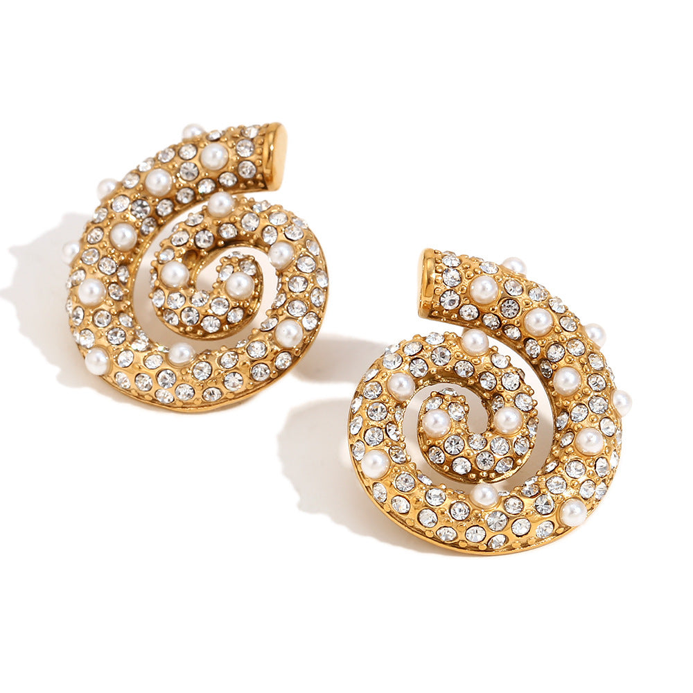 Minimalist Geometric Stainless Steel Earrings with 18K Gold Plating, Luxury Pearl and Zircon Inlay, Conch-Shaped Studs for Women