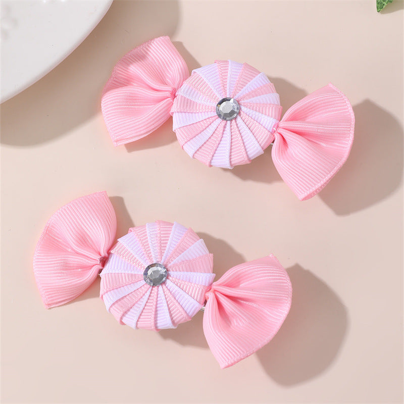 Cute Pink Candy-Themed Hair Clip for Girls with Bow Shape Fabric Construction and Ruffled Mesh Detail