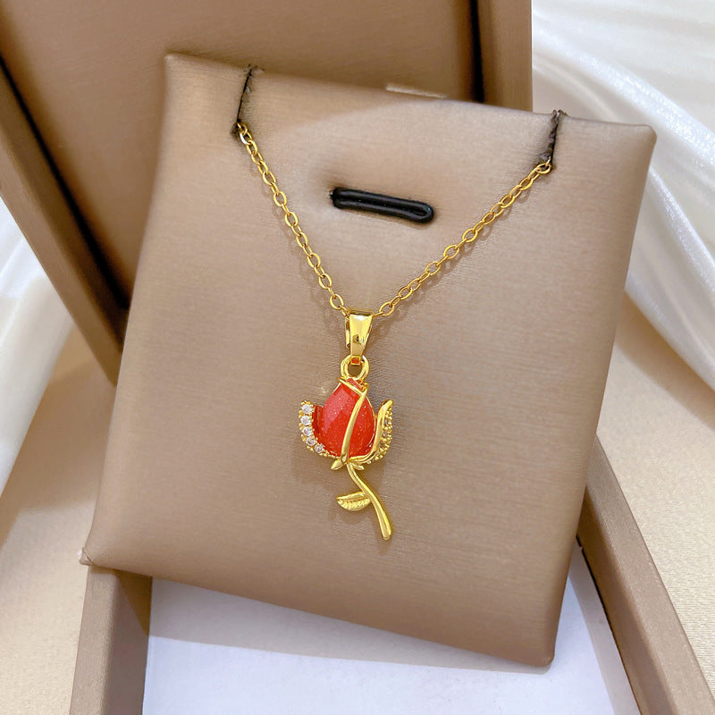 Sweet Minimalist Red Rose and Moon Rhinestone Pendant Titanium Steel Necklace Set for Unisex