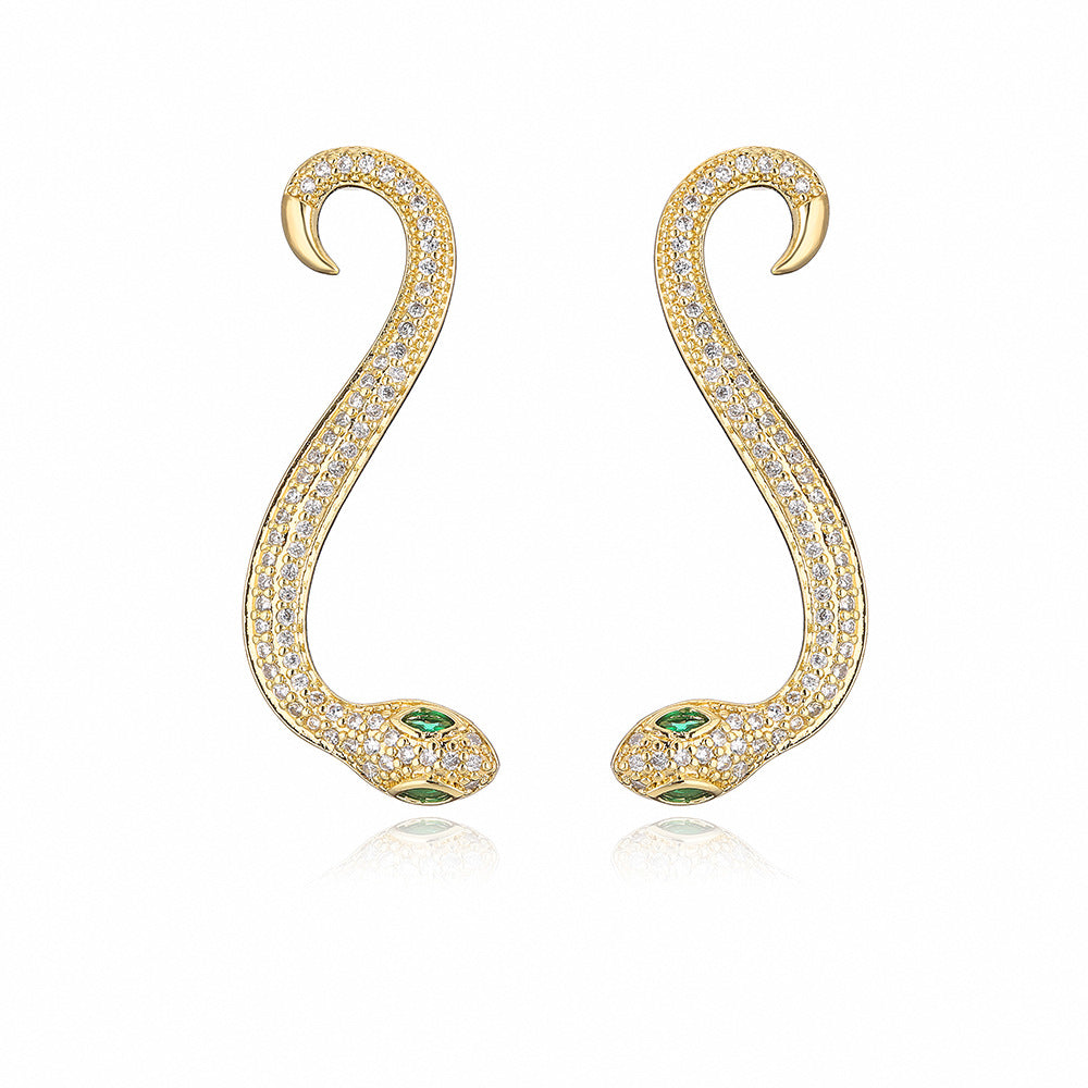 Ins Style Geometric Snake Shape Copper Earrings for Women with 18K Gold Plating and Zircon Inlay