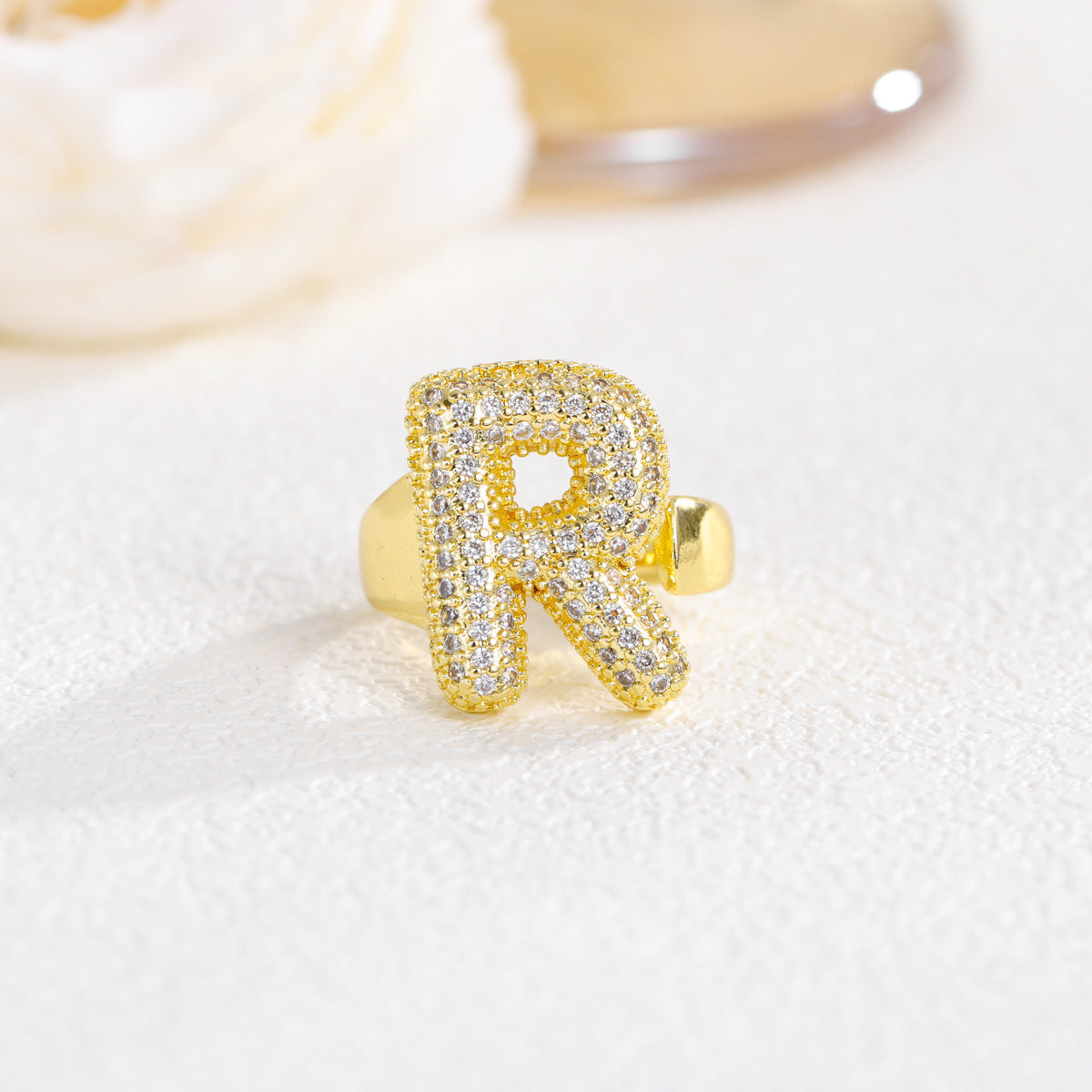 Sweet Plated Brass Letter Ring with Cubic Zirconia Adjustable Open Ring for Women and Men