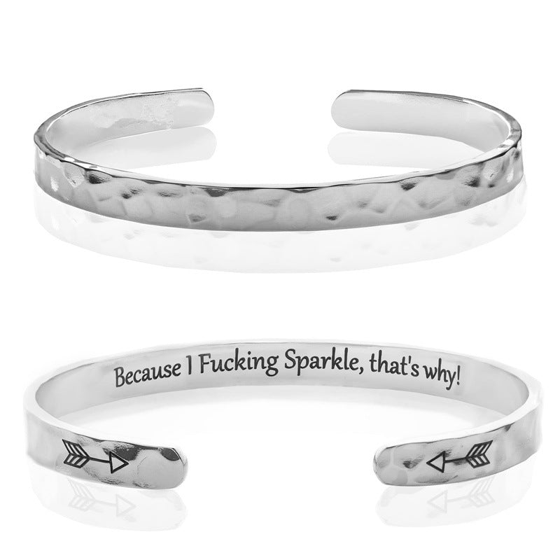 Minimalist Stainless Steel Engraved Open Moon Surface Textured Hammered Bracelet