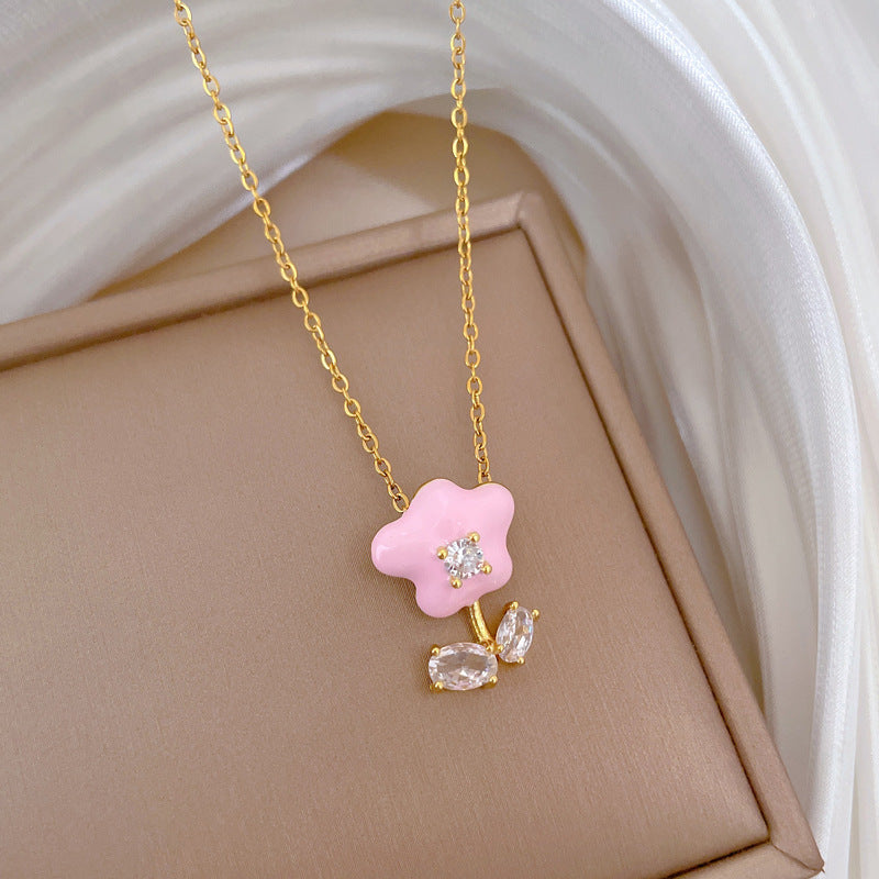 Minimalist Floral Geometric Pendant Necklace in Titanium Steel with Enamel Finish and Cubic Zirconia Accents for Women