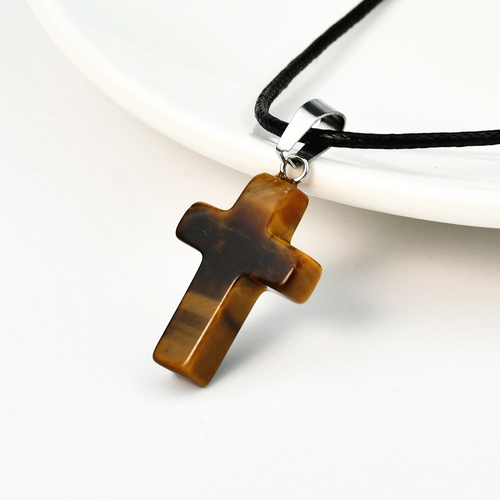 Minimalist Cross Crystal Agate Turquoise Pendant Necklace Unisex