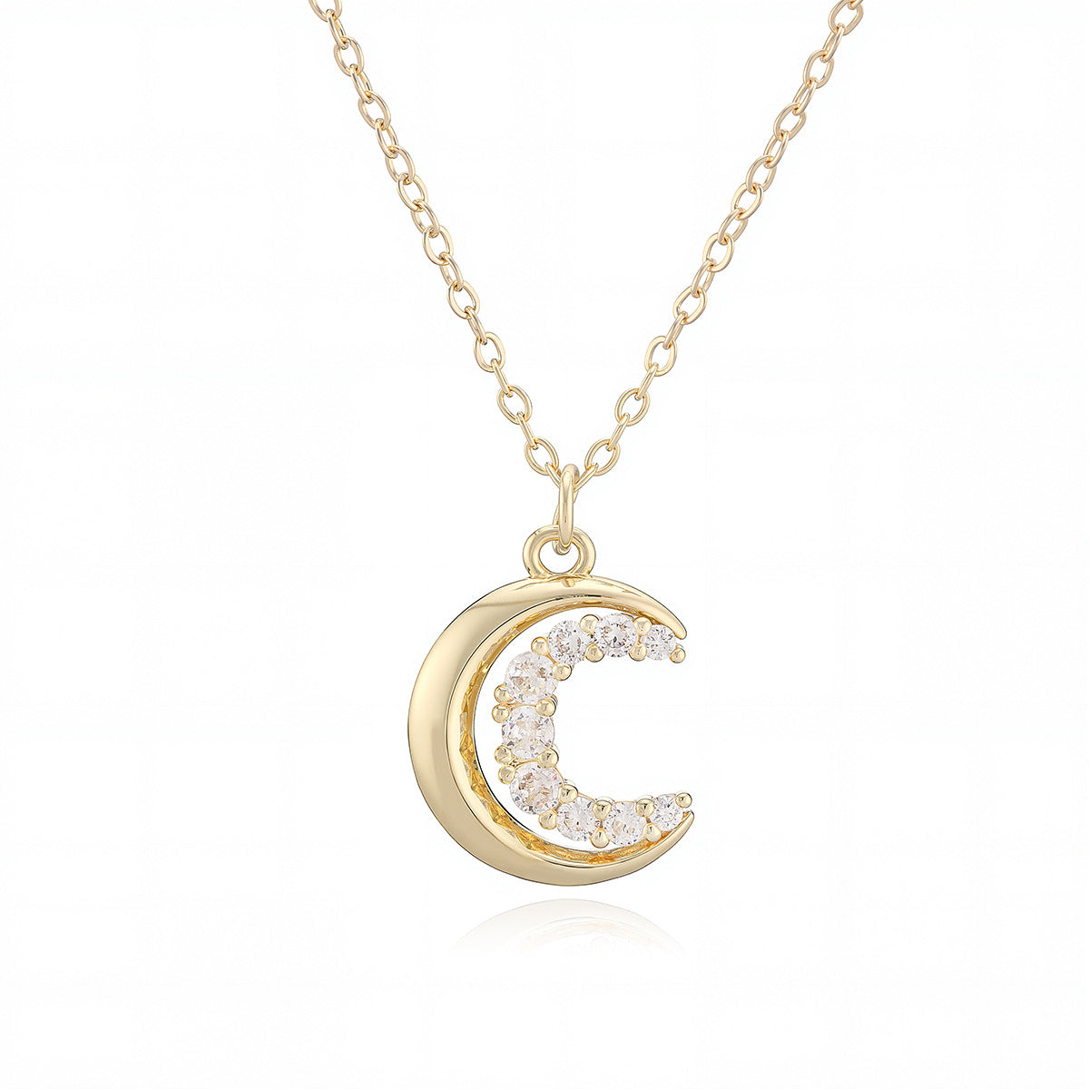 Minimalist Elegant Gold Plated Brass Heart Moon Geometric Pendant Necklace with Cubic Zirconia for Women