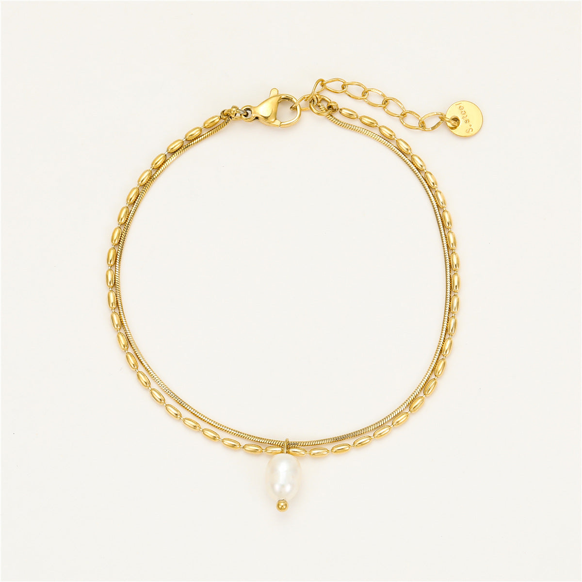 Fashionable Minimalist Double-Layer Stainless Steel Bracelet with Natural Freshwater Pearls for Women