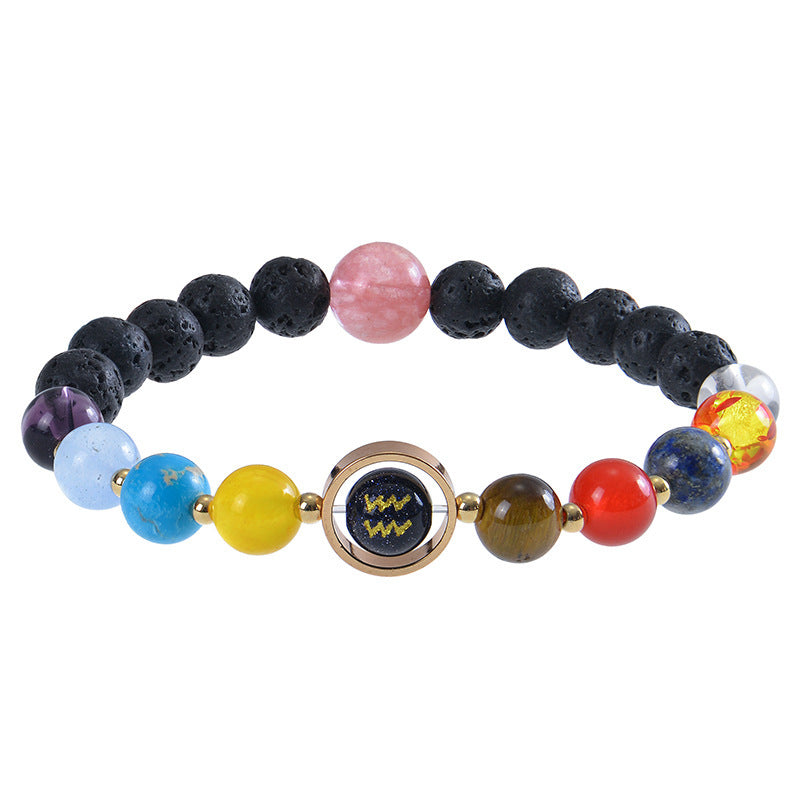 Unisex Zodiac Blue Sandstone Volcanic Stone Crystal Beaded Bracelet