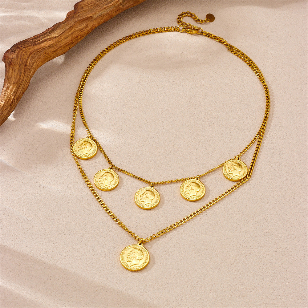 Vintage Geometric Stainless Steel Pendant Necklace for Women with Plated Finish Double-Layered Minimalist Locket Necklace