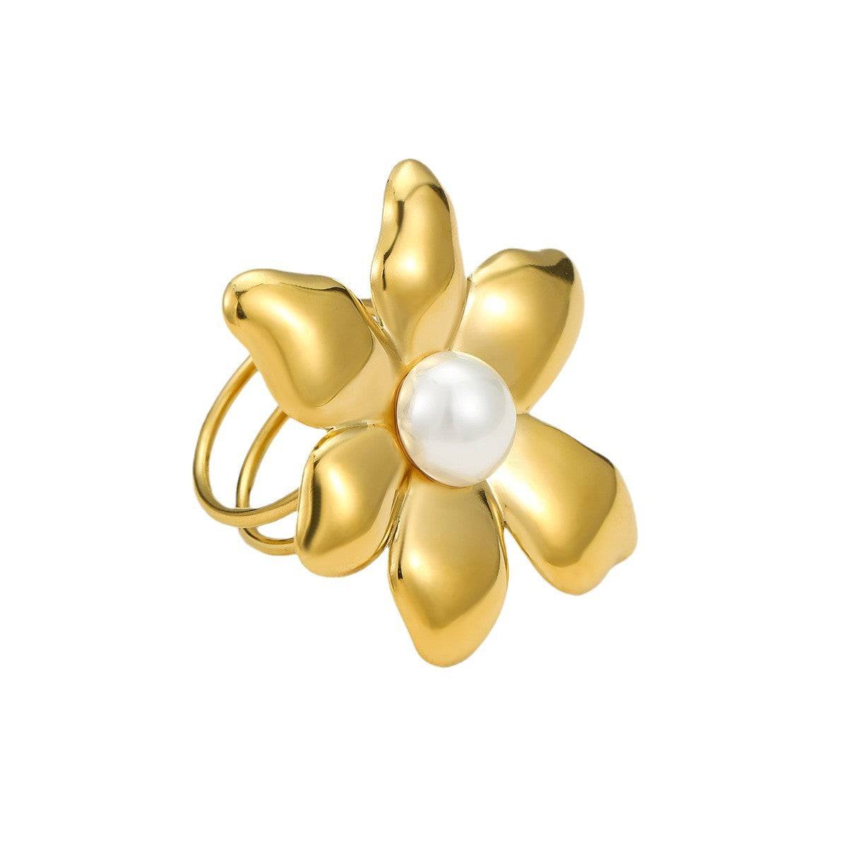 Minimalist Irregular Petal-Shaped Titanium Steel Ring with Pearl Inlay for Women
