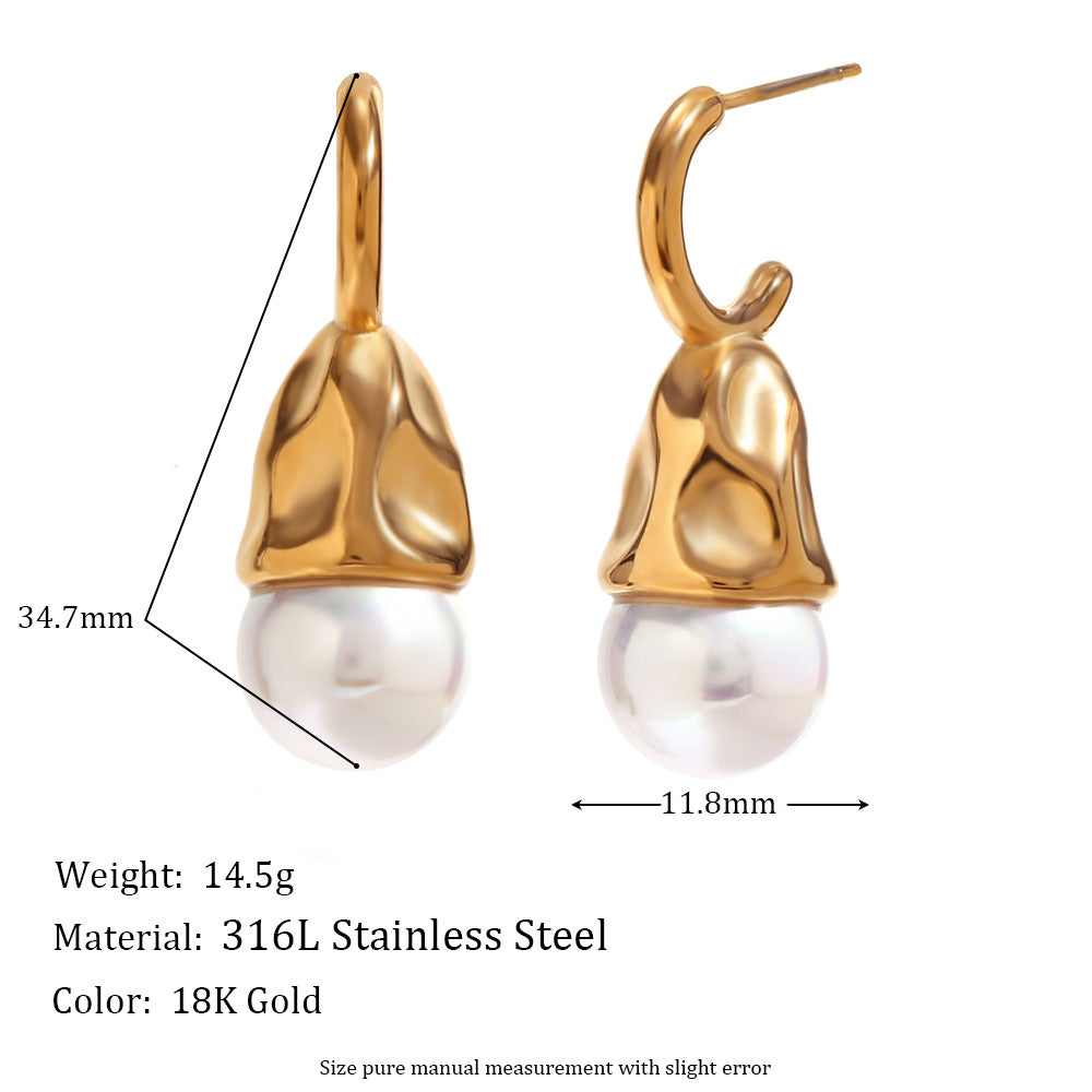Orecchini da donna in acciaio inossidabile placcato oro 18K, stile geometrico vintage, con texture martellata e perle a goccia