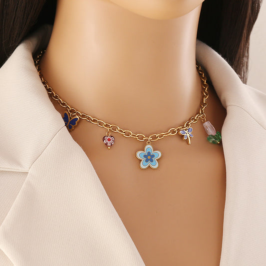 Natural Floral Butterfly Pendant Necklace in Stainless Steel with Plated Finish for Women