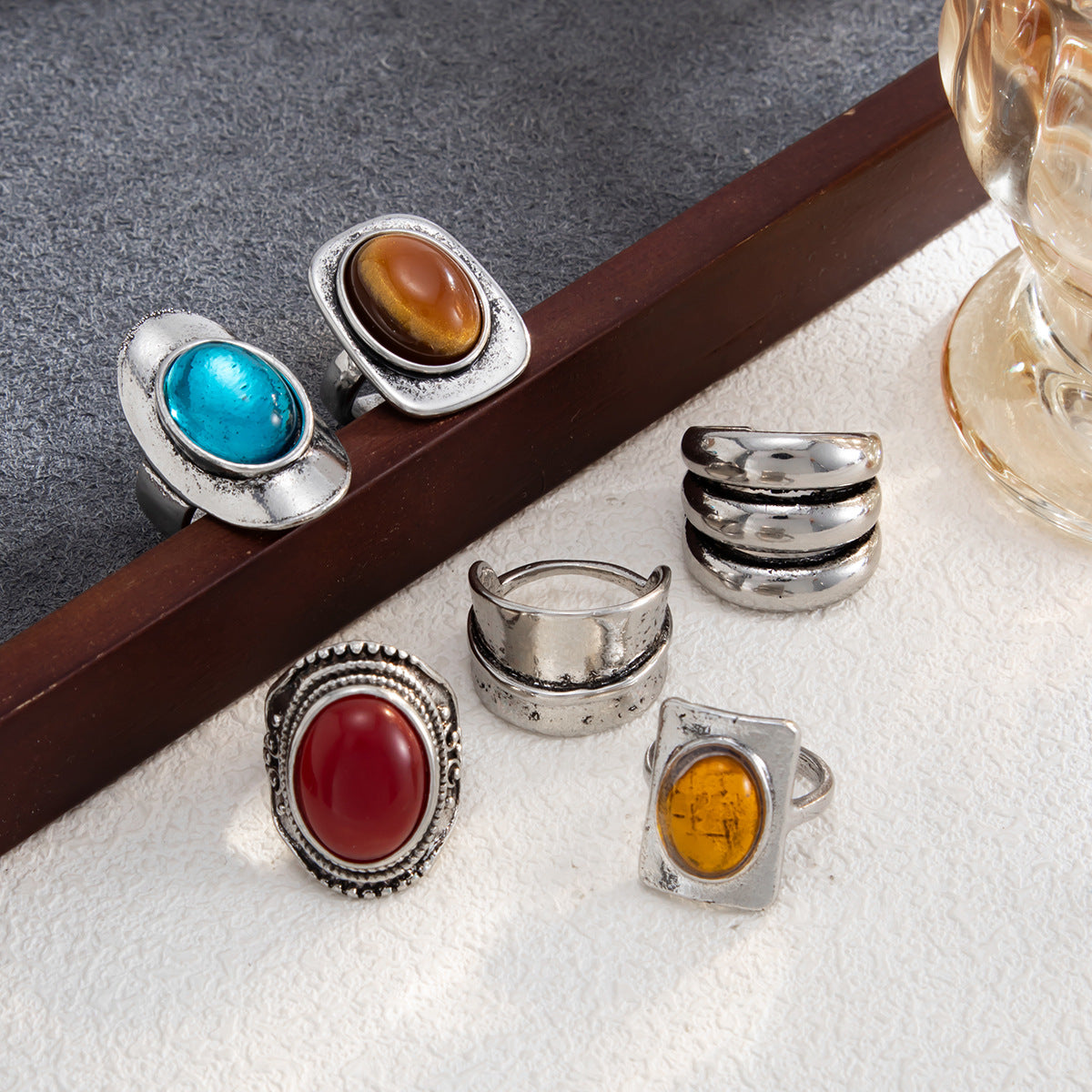 Vintage Square Oval Gemstone Zinc Alloy Plated Ring for Women