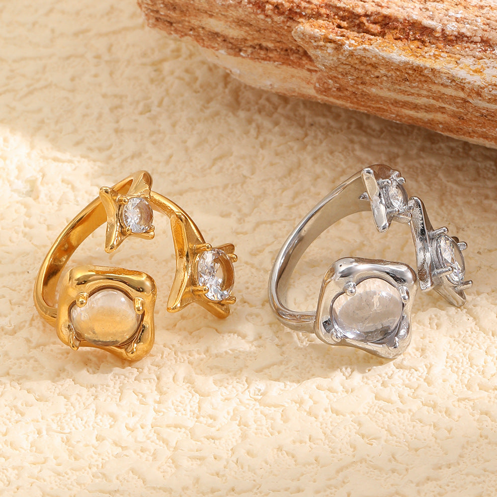 Elegant Minimalist 18K Gold Plated Stainless Steel Four-Pointed Star Open Ring for Women