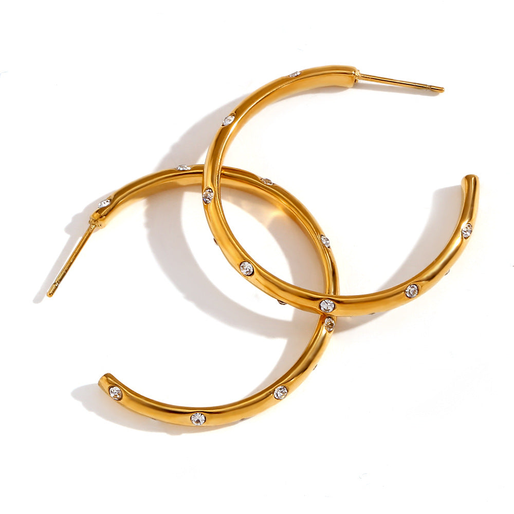Orecchini a clip minimalisti geometrici in acciaio inossidabile con placcatura in oro 18 carati e punti micro-pavé per donne